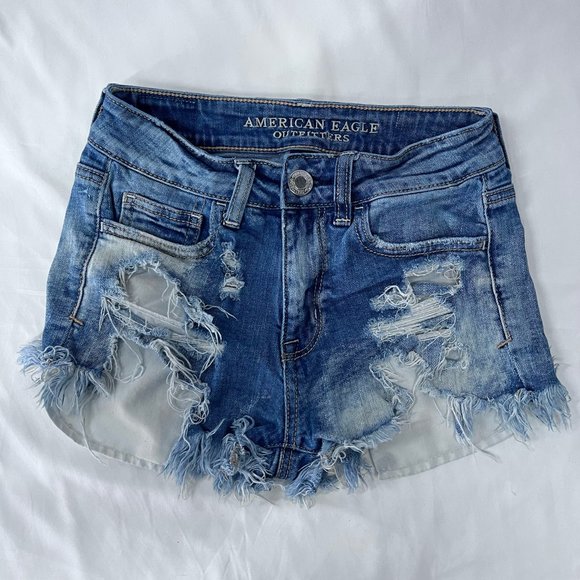 American Eagle Junior's Size 00 Distressed Stretch Jean Shorts Hi Rise - Picture 1 of 12